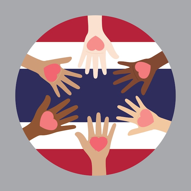 Vector flat vector illustration of people raising their hands on thailand flag background unity concept