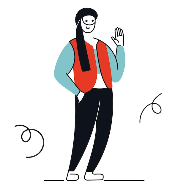 人のフラットベクトルイラスト 伝統的な服と頭飾りを着た男性が手を振る
