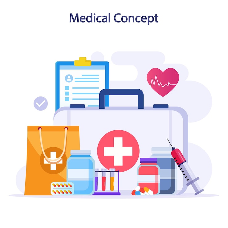 Vector flat vector illustration pharmacy and medical concept aid healthcare drugstore medicine