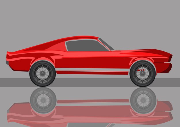 Flat vector illustration of red color classic Muscle car on grey color background