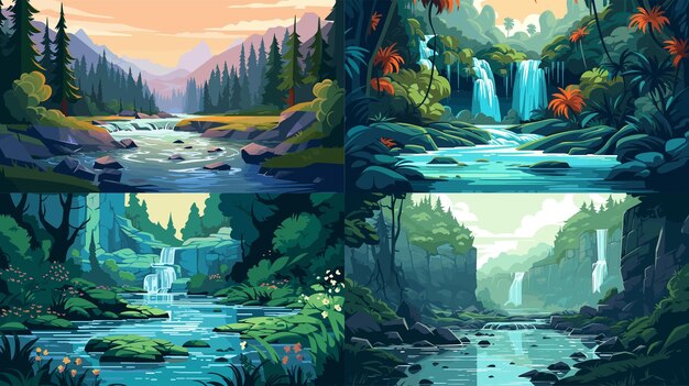 Flat vector illustration river stream waterfall