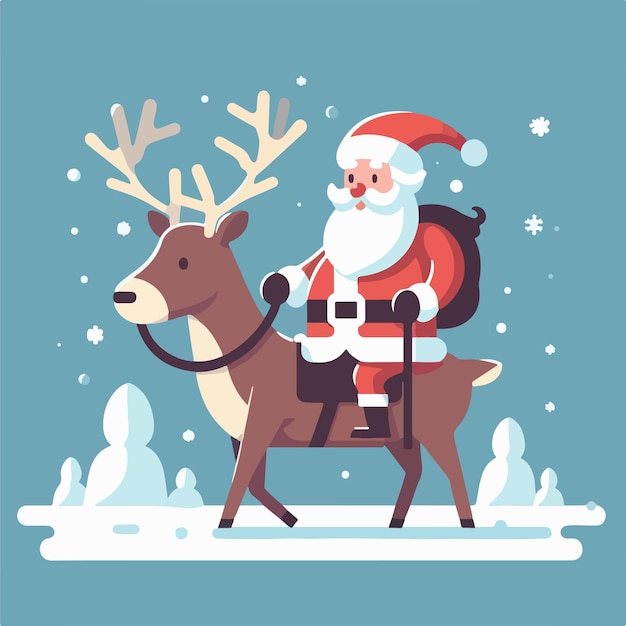 Плоская векторная иллюстрация Санта-Клауса, едущего на олене.