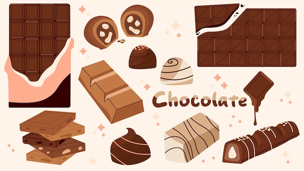 Flat vector illustration of a set of chocolate products Chocolate candies candy bars