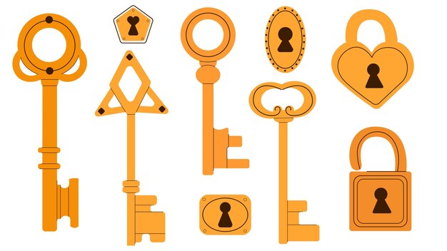 Vector flat vector illustration set of vintage keys retro keys locks