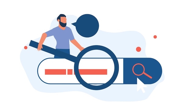 Flat vector illustration showcases a businessman using a magnifying glass to search