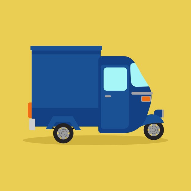 Flat vector illustration of side view of blue color Piaggio Ape small box three wheeler used for com