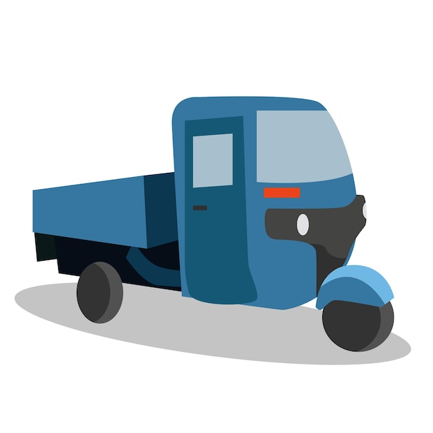 Vettore illustrazione vettoriale piatta della vista laterale del veicolo a tre ruote mahindra alpha plus a carrozzeria aperta di colore blu utilizzato