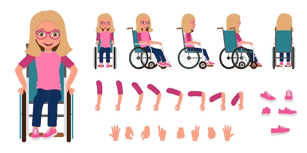 Плоская векторная иллюстрация улыбающейся девочки в инвалидной коляске, мультфильмный персонаж для анимации