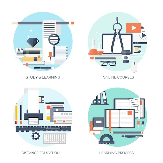 Vettore illustrazione vettoriale piatta studio concetto di apprendimento background istruzione a distanza e corsi online