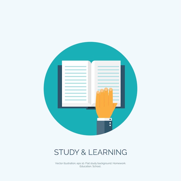 Flat vector illustration with books flask study learning concept background educational research