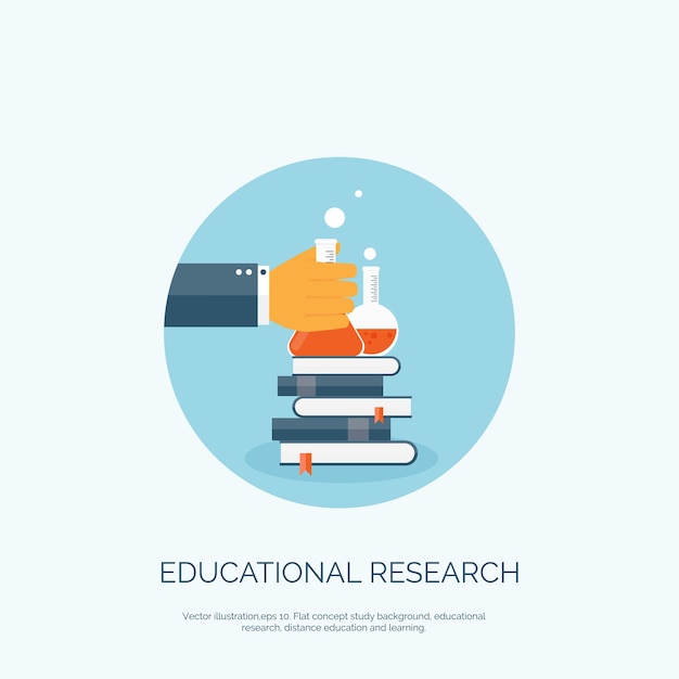 Flat vector illustration with books flask study learning concept background educational research