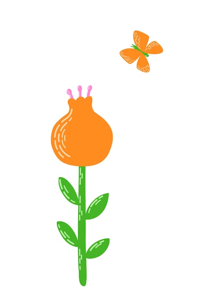 Flat vector illustration with butterfly and flower in orange and green colors