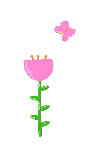 Flat vector illustration with butterfly and flower in pink and green colors