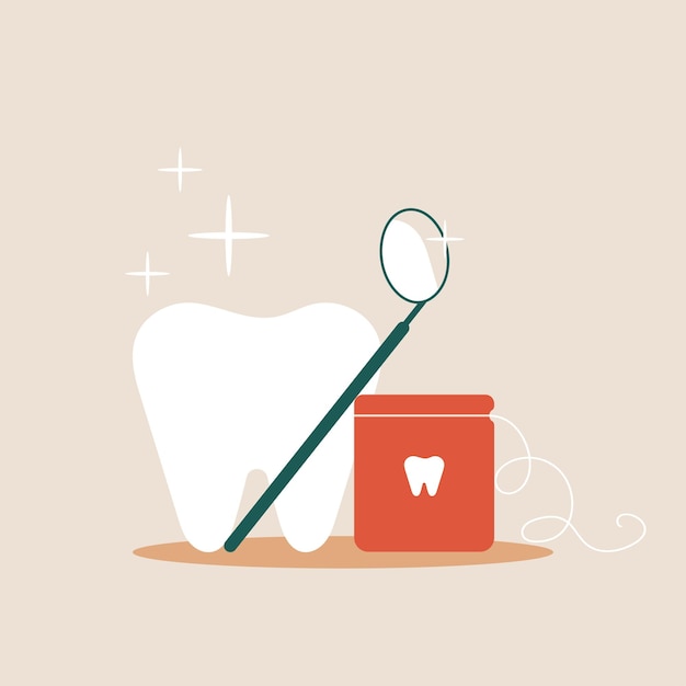 Плоская векторная иллюстрация с зубной зубной нитью и стоматологическим зеркалом
