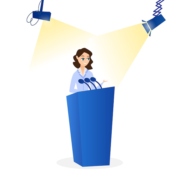 Vector flat vector illustration woman speaking on podium