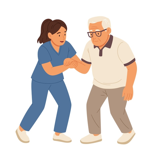 flat vector illustration of a young female caregiver helping an elderly man walk