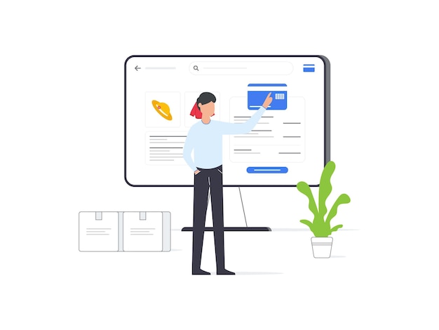 Flat vector illustrations of a man using a computer to select payment methods on s e commerce