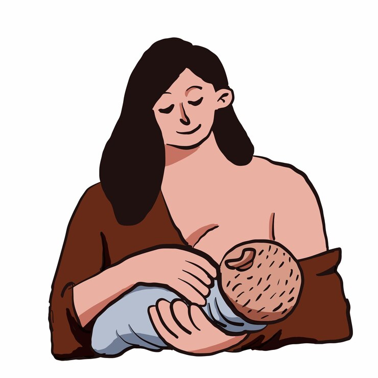Vector flat vector images of mother breastfeeding her small child with loving maternal in various position