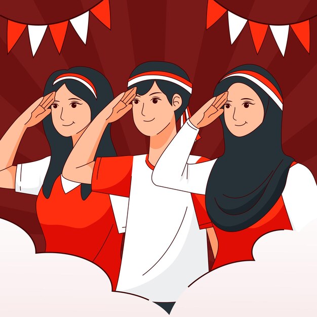 Vector flat vector indonesia independence day celebration a boy gives salute illustration