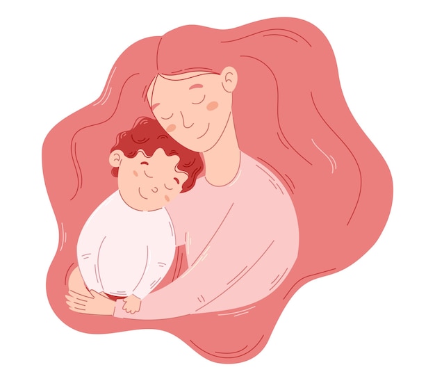 Flat vector isolated Mom and son hugging Cute Young woman with lush hair embracing a child