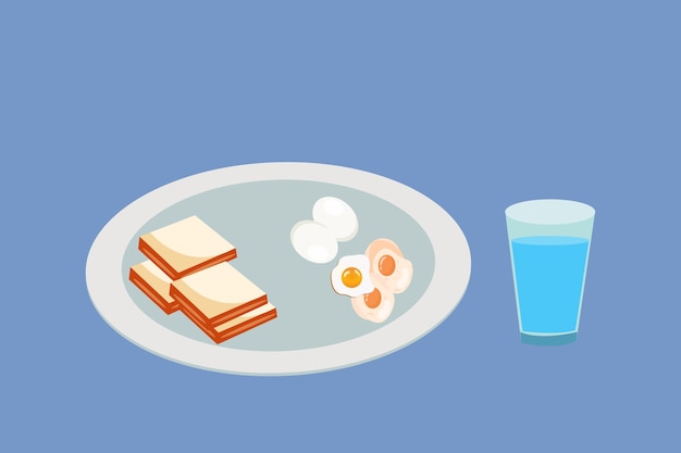 Flat vector isometric illustration of plate with slice of bread and egg, full glas vector.