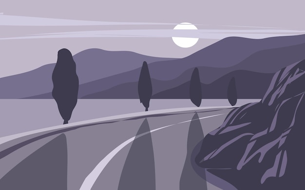 Flat vector landscape illustration with road and lake