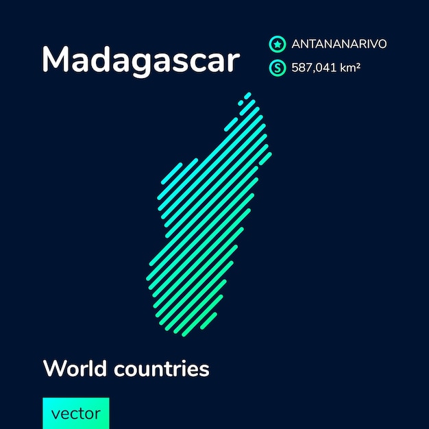 Плоская векторная карта Мадагаскара в бирюзовых тонах на темно-синем фоне. Стилизованная иконка карты Мадагаскара.