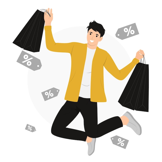 Flat vector man carrying shopping bags discount online shop concept illustration