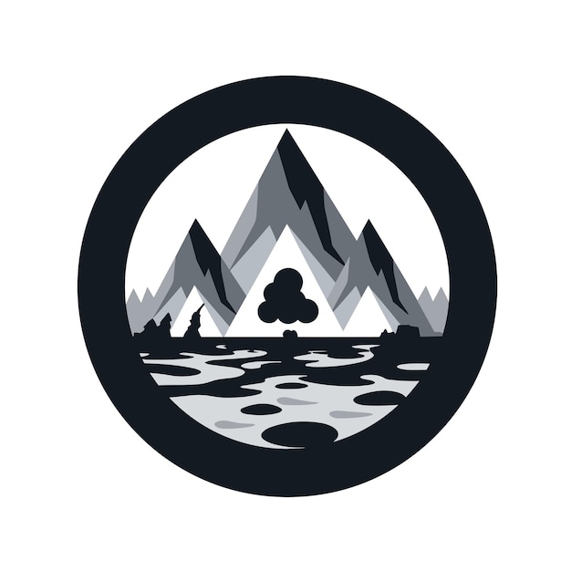 Flat vector of a minimalist black and white logo featuring mountains in a flat vector style