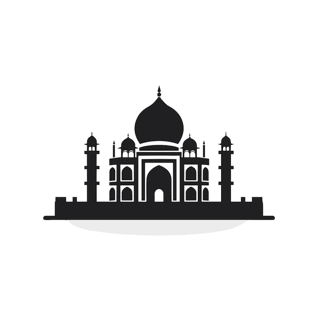 Flat vector of a minimalist black and white silhouette of a mosque against a clear sky