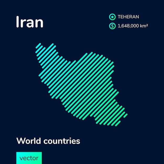 Vector flat vector neon digital iran map in turquoise colors on a dark blue background