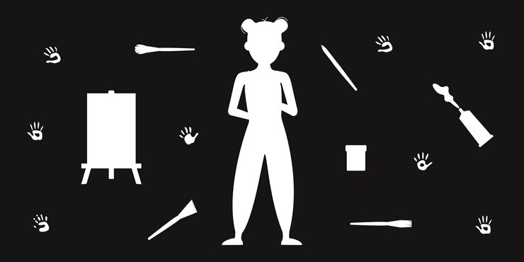 Vector flat vector painting tools in childish style hand drawn art supplies easel girl palette paint brush