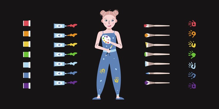 Vector flat vector painting tools in childish style hand drawn art supplies paint brush palm kid with palette