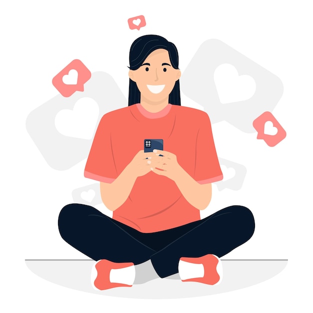 flat vector person holding phone to social media love