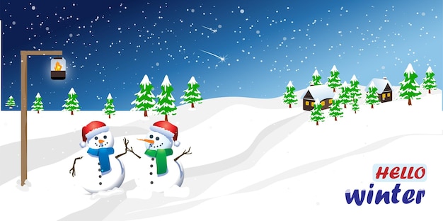 Flat vector picture Snowy village scenery Winter in the countryside