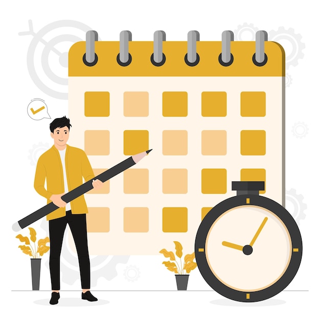 Flat vector planning schedule concept filling out the schedule on a giant calendar work planning