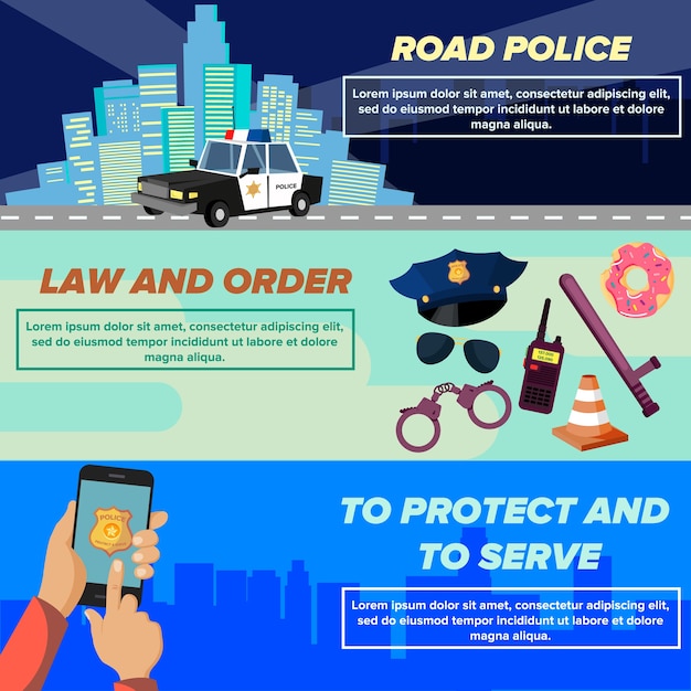 Flat vector police web banner templates set.