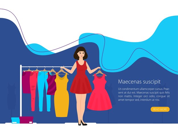 Flat vector racks with clothes on hangers girl shopping