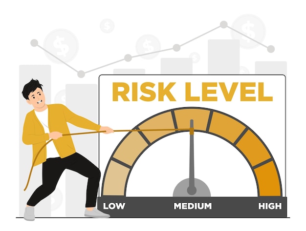 Вектор Плоский вектор риска на спидометре бизнесмен, держащий шкалу риска стрелка концепция управления риском