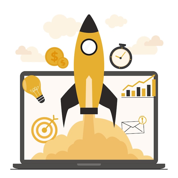 Flat vector rocket startup development concept illustrator