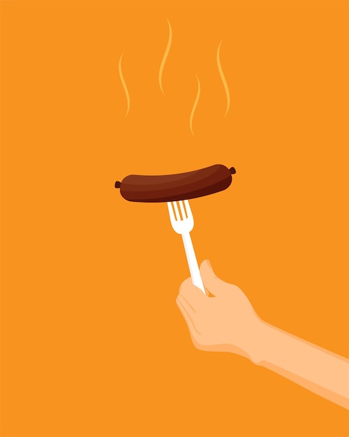 Flat vector sausage on a fork isolated