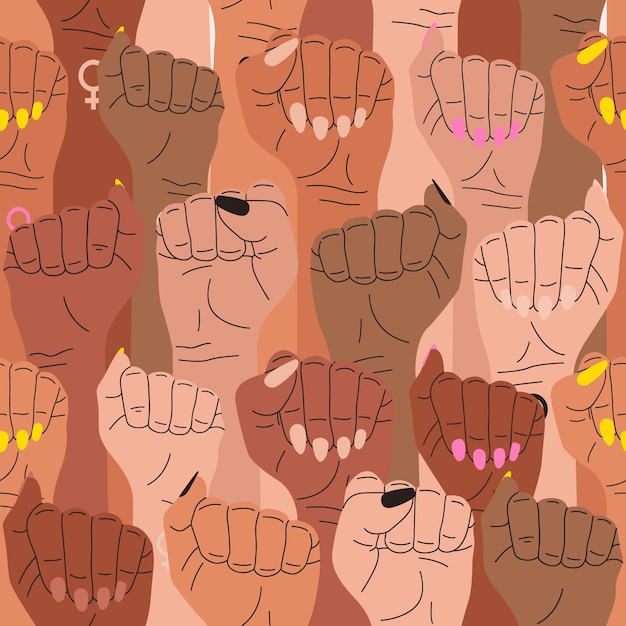 Vector a flat vector seamless pattern of multicultural women's fists raised up in protest.