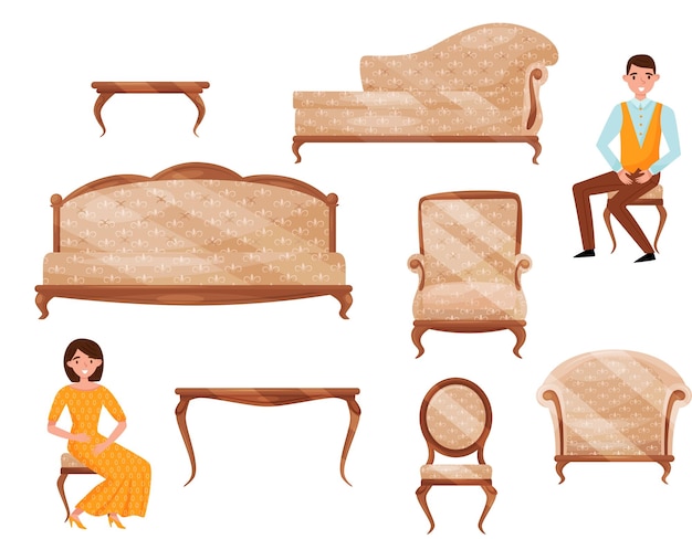 Flat vector set of classic furniture young man and woman in formal clothes objects for home interior