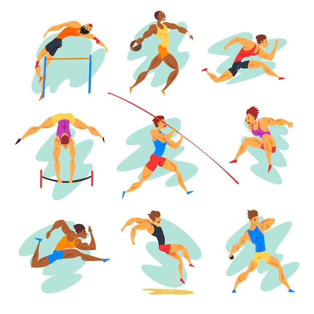 Flat vector set of professional athletes in different actions young muscular guys in sportswear