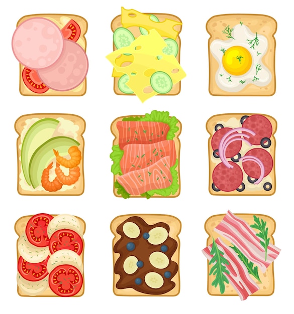 Плоский векторный набор сэндвичей с различными ингредиентами, нарезанных хлеба с колбасыми, жареными яйцами.