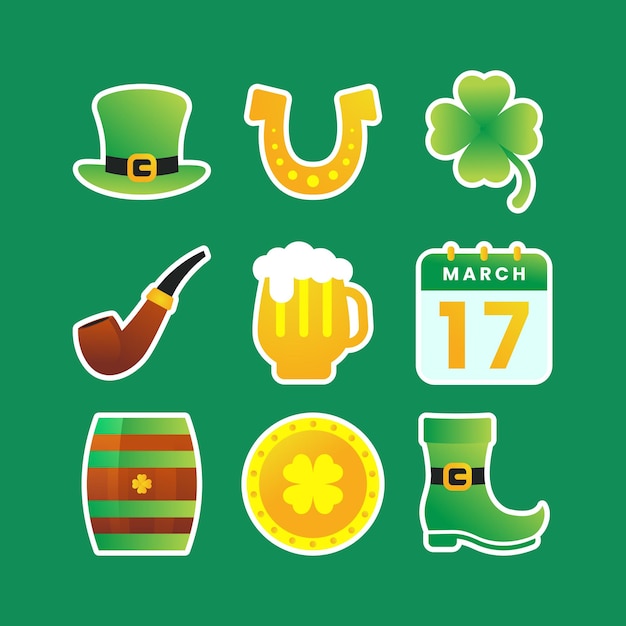 Flat vector set van St Patrick's Day viering elementen geluksvoorwerpen iconen set collectie