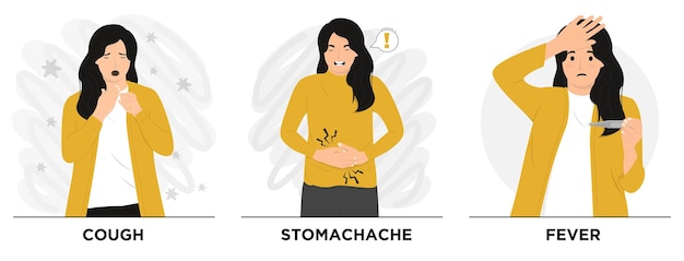 Flat vector set of woman showing sick concept illustration