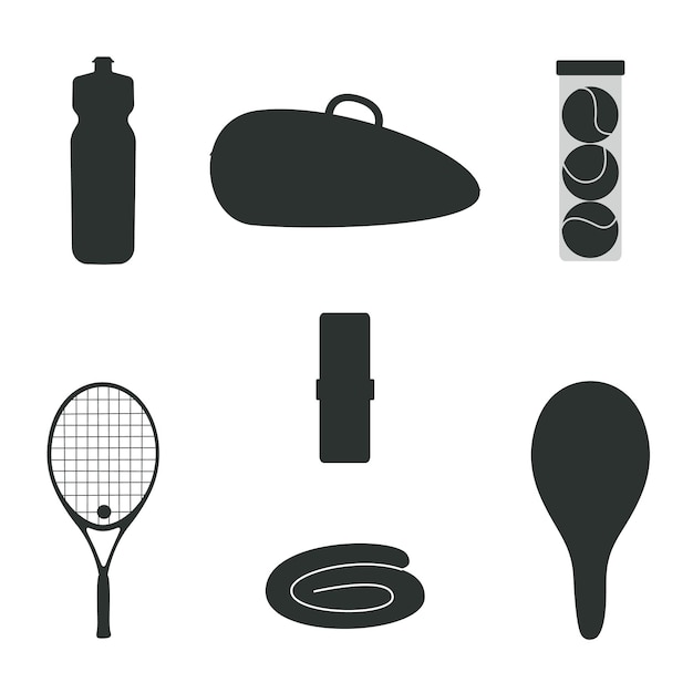 Vector flat vector silhouette illustration in childish style hand drawn tennis gear and equipment