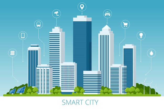 flat vector smart city and communication network. wifi, internet, communication, travel, computer and kinds of technology for smart city concept.