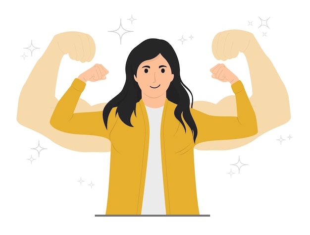 Vector flat vector strong powerful woman raises arms and shows biceps